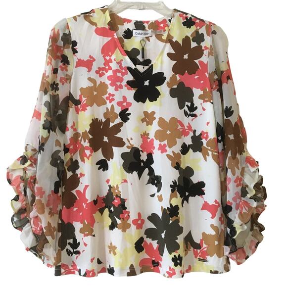 NWT Calvin Klein Modern Essentials XS V-neck Sheer Ruffled Hem 3/4 Sleeves Top - Picture 1 of 6